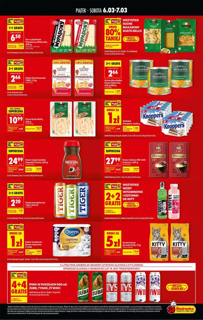 Gazetka promocyjna Biedronka - Tani Weekend - ważna 06.03 do 07.03.2026 - strona 2 - produkty: Bell, Fa, Gra, Kawa, Kawa mielona, Kawa rozpuszczalna, Knoppers, Kukurydza, Mąka, Mleko, Papier, Papier toaletowy, Piwa, Sucha karma, Tonik, Tyskie, Wafelek