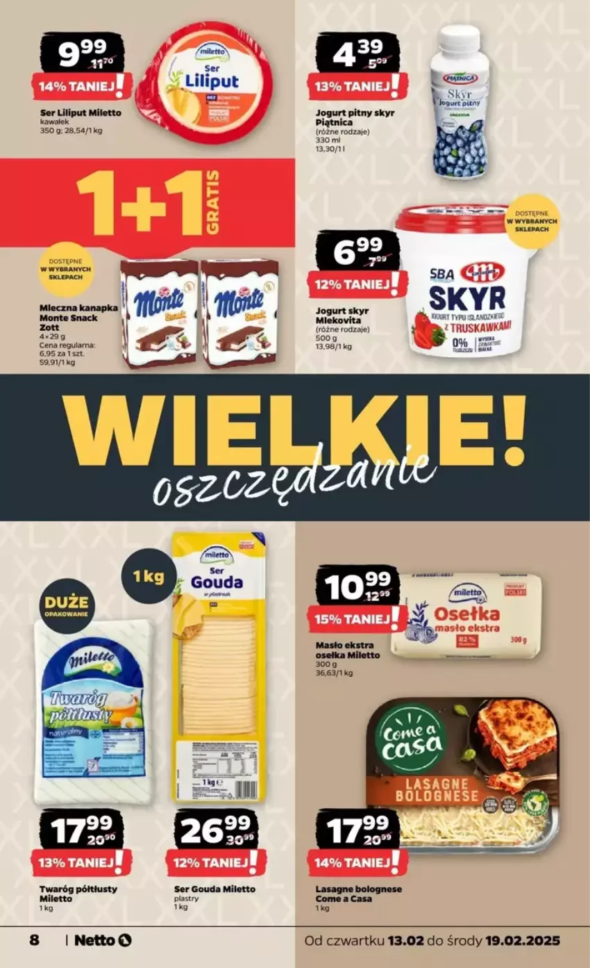 Gazetka promocyjna Netto - ważna 13.02 do 19.02.2025 - strona 17 - produkty: Gouda, Jogurt, Jogurt pitny, Kawa, Lasagne, Lasagne bolognese, Mleczna kanapka, Monte, Piątnica, Ser, Twaróg, Twaróg półtłusty, Wałek, Zott