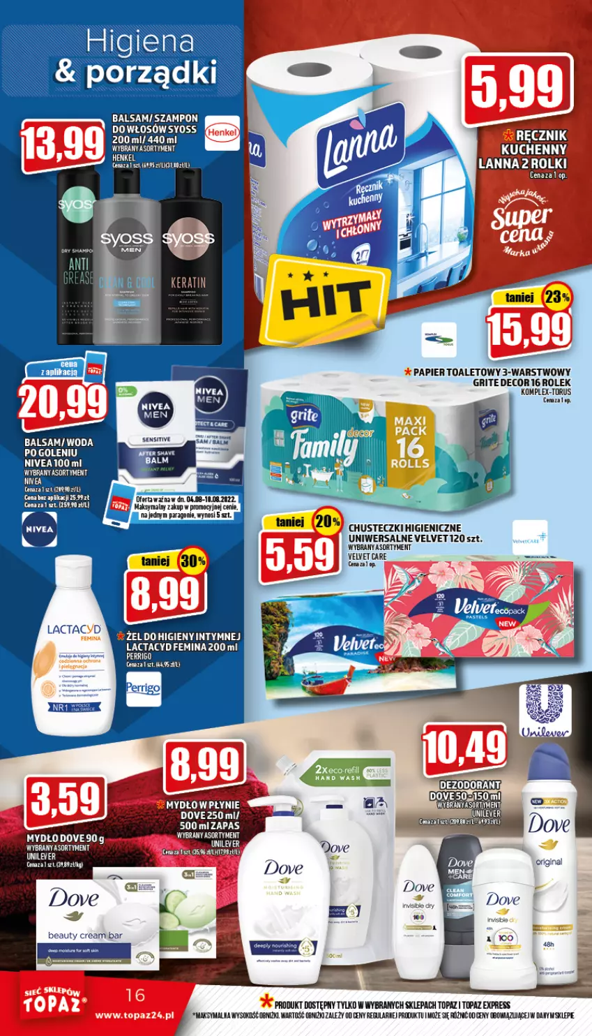 Gazetka promocyjna Topaz - Gazetka - ważna 04.08 do 10.08.2022 - strona 16 - produkty: Chusteczki, Dezodorant, Dove, Lactacyd, Mydło, Nivea, Papier, Papier toaletowy, Ręcznik, Rolki, Sok, Top, Velvet, Woda