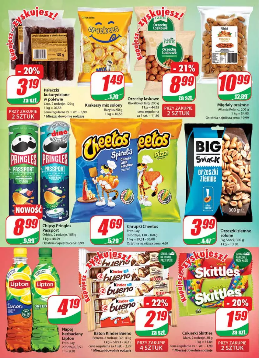 Gazetka promocyjna Dino - Gazetka - ważna 11.01 do 17.01.2023 - strona 18 - produkty: Baton, BIC, Cheetos, Chipsy, Chrupki, Cukier, Cukierki, Ferrero, Kinder, Kinder Bueno, Krakersy, Lipton, Mars, Napój, Por, Pringles, Sport