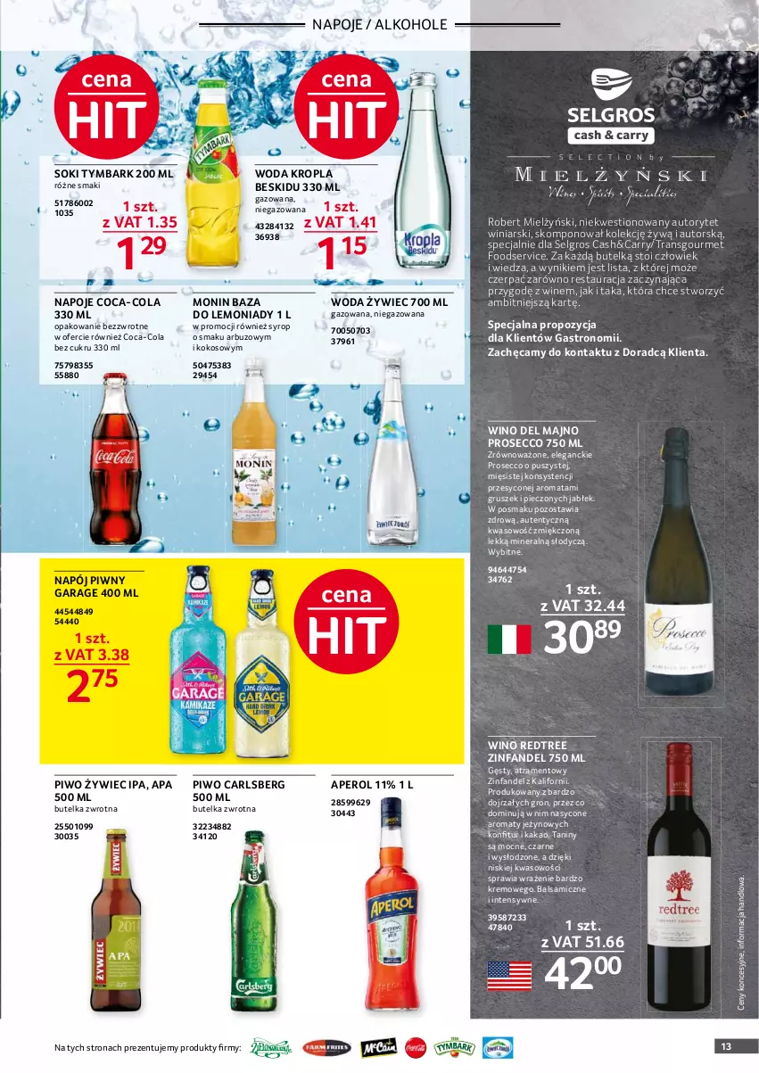 Gazetka promocyjna Selgros - Oferta gastronomiczna - ważna 01.05 do 31.05.2021 - strona 13 - produkty: Alkohole, Aperol, Arbuz, Carlsberg, Coca-Cola, Fa, Kakao, Kokos, LG, Napój, Napoje, Piec, Piwo, Prosecco, Ser, Sok, Syrop, Tran, Tymbark, Wino, Woda