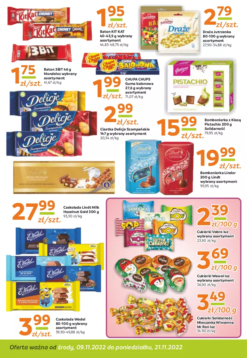 Gazetka promocyjna Gama - Gazetka Gama - ważna 09.11 do 21.11.2022 - strona 4 - produkty: Baton, Chupa Chups, Ciastka, Cukier, Cukierki, Czekolada, Delicje, Jutrzenka, Kit Kat, Lindor, Lindt, Wawel