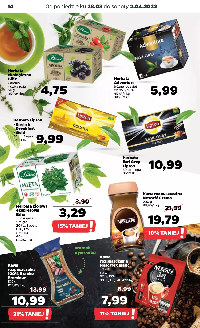 Gazetka promocyjna Netto - Gazetka spożywcza - ważna 28.03 do 02.04.2022 - strona 14 - produkty: Aronia, BIC, Dzika róża, Earl Grey, Fa, Herbata, Kawa, Kawa rozpuszczalna, Lipton, Mięta, Nescafé, Por, Róża