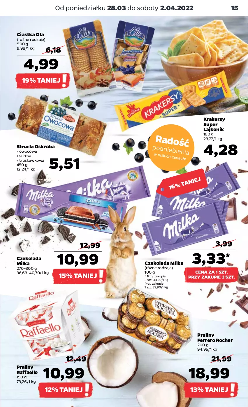 Gazetka promocyjna Netto - Gazetka spożywcza - ważna 28.03 do 02.04.2022 - strona 15 - produkty: Ciastka, Czekolada, Fa, Ferrero, Ferrero Rocher, Krakersy, Lajkonik, Milka, Praliny, Raffaello, Ser, Strucla