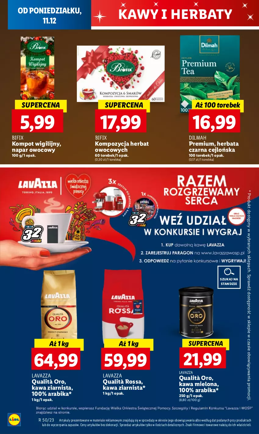 Gazetka promocyjna Lidl - GAZETKA - ważna 11.12 do 13.12.2023 - strona 52 - produkty: Dilmah, Herbata, Herbata czarna, Kawa, Kawa mielona, Kawa ziarnista, Lavazza, Torebka