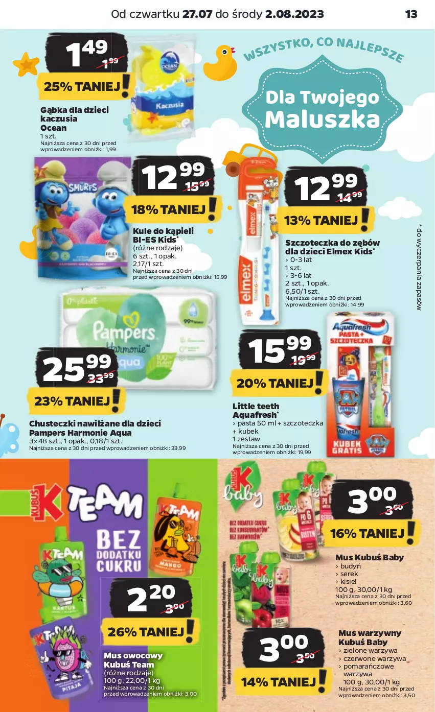 Gazetka promocyjna Netto - Artykuły spożywcze - ważna 27.07 do 02.08.2023 - strona 13 - produkty: Aquafresh, Budyń, Chusteczki, Dzieci, Elmex, Kisiel, Kubek, Kubuś, Mus, Pampers, Ser, Serek, Szczoteczka, Szczoteczka do zębów, Warzywa