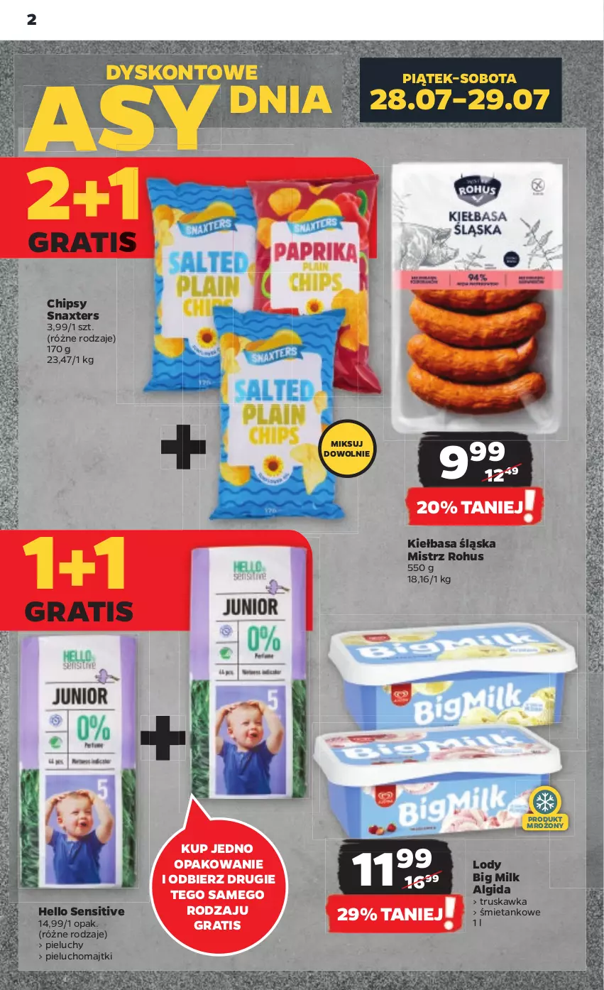 Gazetka promocyjna Netto - Artykuły spożywcze - ważna 27.07 do 02.08.2023 - strona 2 - produkty: Algida, Big Milk, Chipsy, Gra, Kiełbasa, Kiełbasa śląska, LG, Lody, Majtki, Pieluchomajtki, Pieluchy