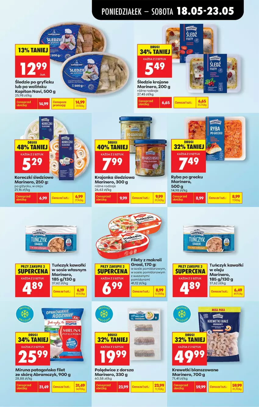 Gazetka promocyjna Biedronka - Od Poniedziałku - ważna 18.05 do 23.05.2026 - strona 39 - produkty: Dorsz, Gry, Kawa, Koreczki śledziowe, Krajanka śledziowa, Krewetki, Miruna, Olej, Ryba, Ryba po grecku, Sos, Tago, Tuńczyk