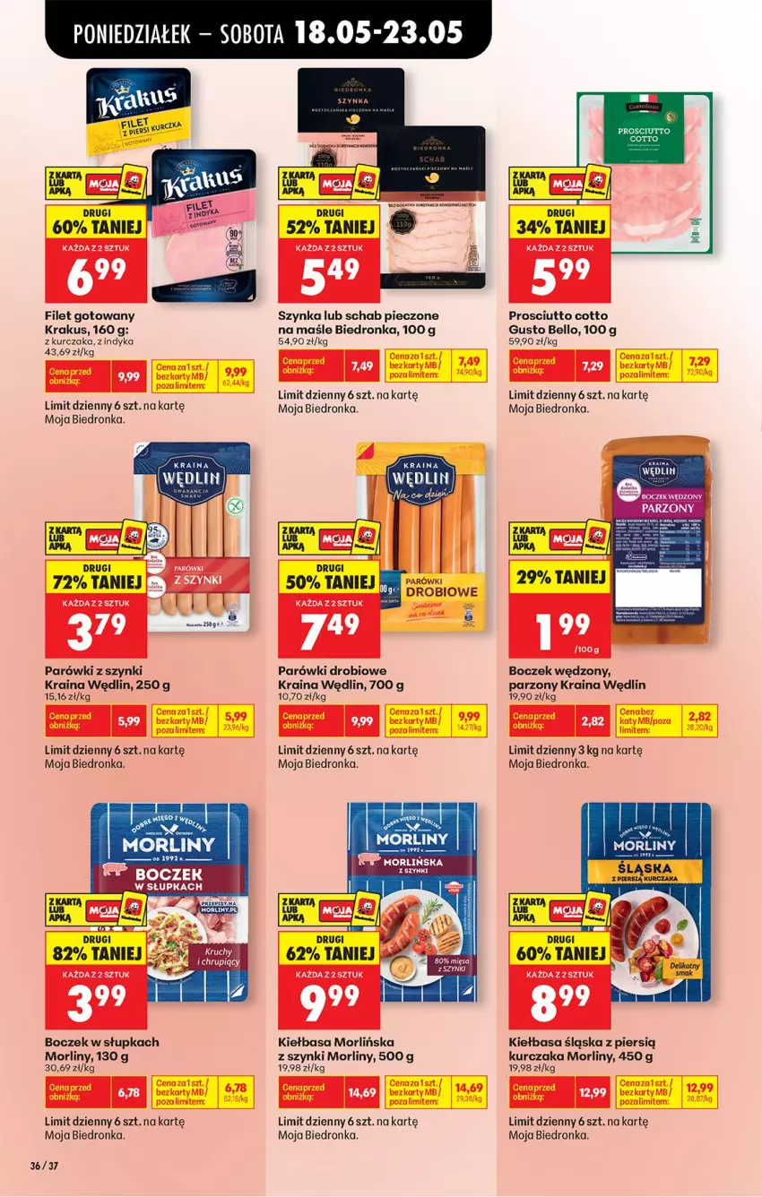Gazetka promocyjna Biedronka - Od Poniedziałku - ważna 18.05 do 23.05.2026 - strona 40 - produkty: Bell, Boczek, Kiełbasa, Kiełbasa śląska, Krakus, Kurczak, Morliny, Parówki, Parówki z szynki, Piec, Prosciutto, Szynka