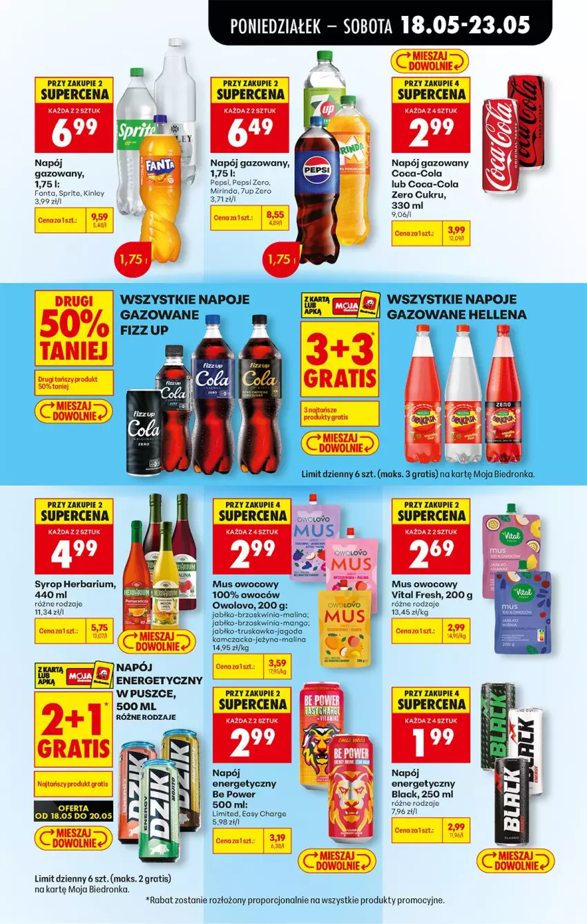 Gazetka promocyjna Biedronka - Od Poniedziałku - ważna 18.05 do 23.05.2026 - strona 67 - produkty: Coca-Cola, Fa, Fanta, Gra, Hellena, Lack, Mango, Mus, Napój, Napój gazowany, Napoje, Pepsi, Por, Sprite, Syrop
