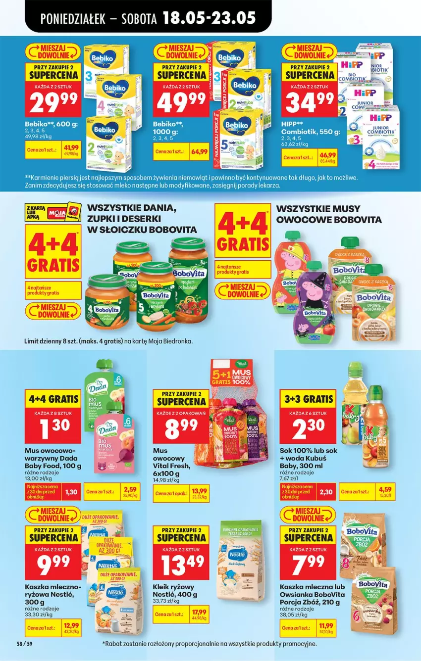 Gazetka promocyjna Biedronka - Od Poniedziałku - ważna 18.05 do 23.05.2026 - strona 74 - produkty: Bebiko, BoboVita, Dada, Deser, Fa, Gra, HiPP, Karmi, Kubuś, Mleko, Mus, O nas, Owsianka, Por, Ryż, Ser, Sok, Woda