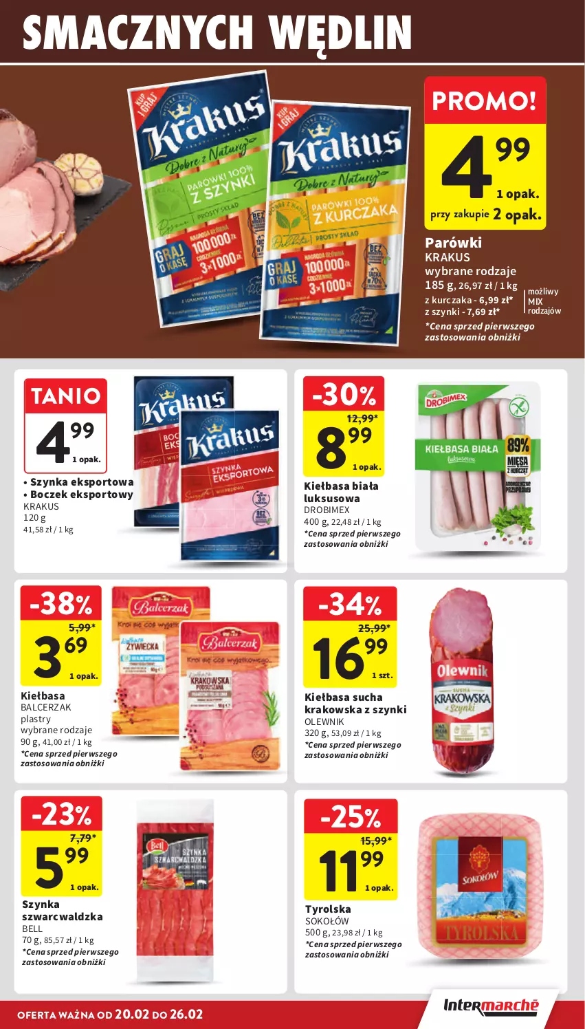 Gazetka promocyjna Intermarche - Gazetka promocyjna - ważna 20.02 do 26.02.2025 - strona 15 - produkty: Bell, Boczek, Drobimex, Kiełbasa, Kiełbasa biała, Krakus, Kurczak, Olewnik, Parówki, Por, Sok, Sokołów, Sport, Szynka