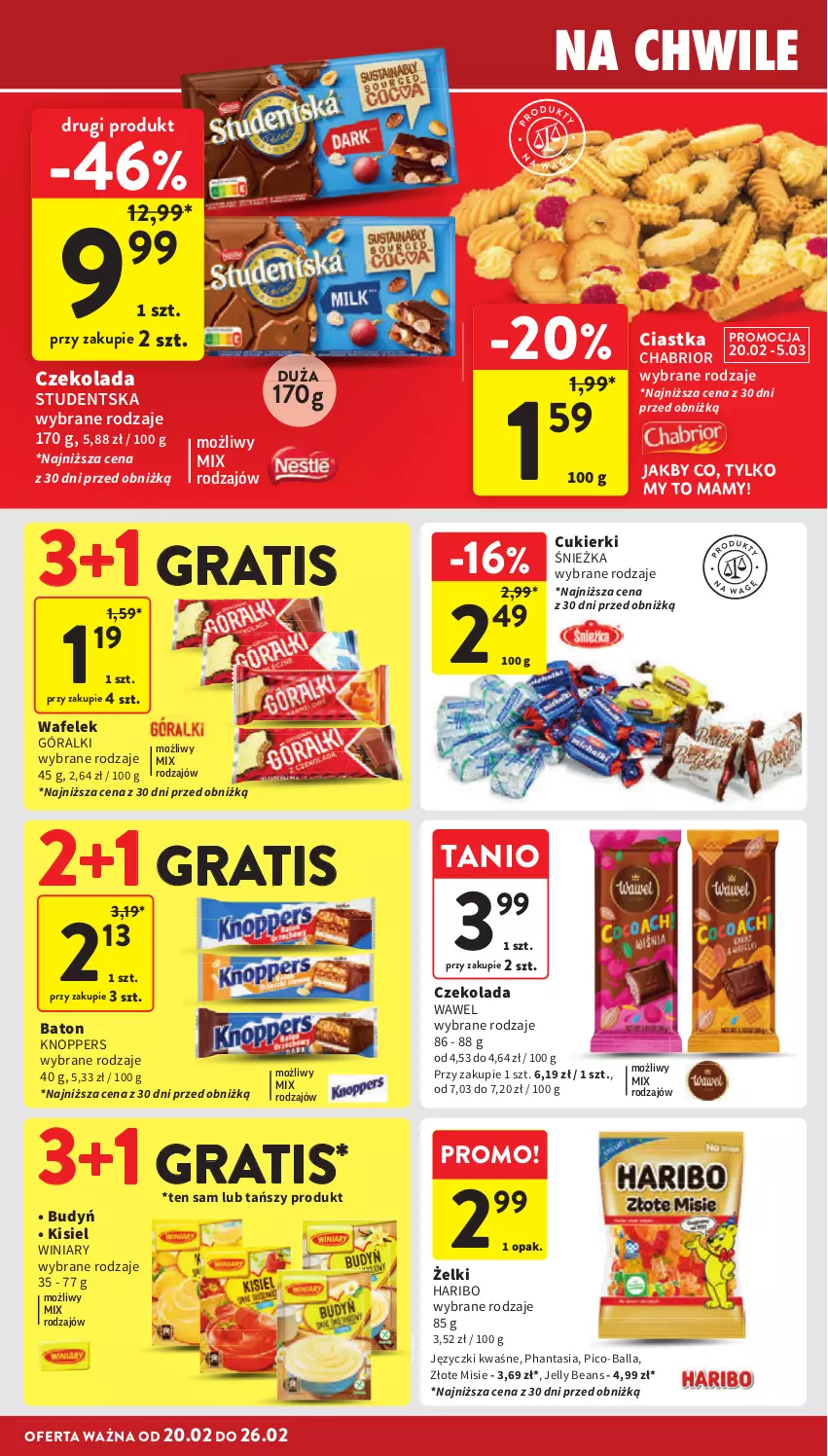 Gazetka promocyjna Intermarche - Gazetka promocyjna - ważna 20.02 do 26.02.2025 - strona 24 - produkty: Baton, Budyń, Chabrior, Ciastka, Cukier, Cukierki, Czekolada, Góralki, Gra, Haribo, Jelly beans, Kisiel, Knoppers, Pico-Balla, Wafelek, Wawel, Winiary