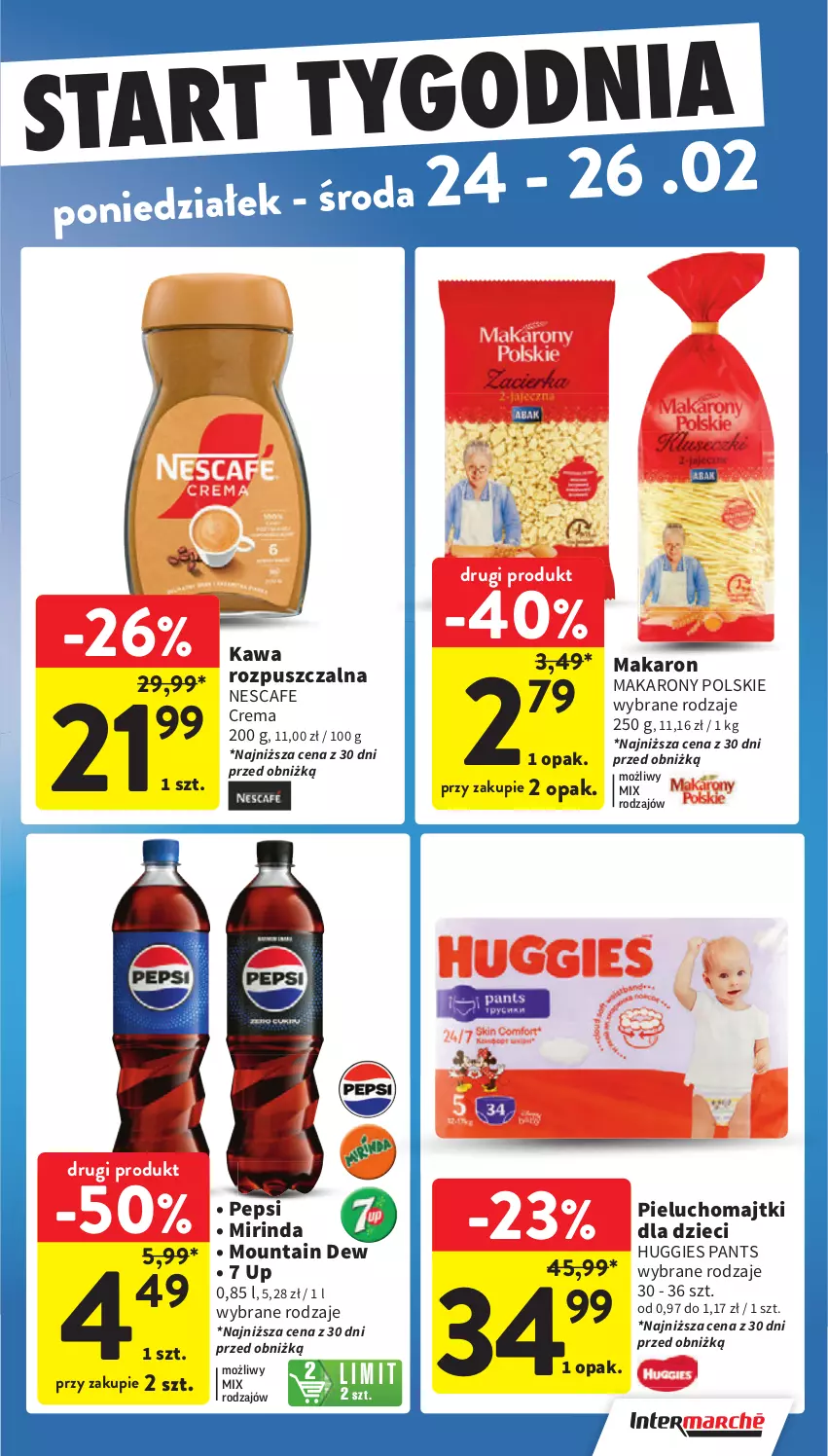 Gazetka promocyjna Intermarche - Gazetka promocyjna - ważna 20.02 do 26.02.2025 - strona 35 - produkty: Dzieci, Huggies, Kawa, Kawa rozpuszczalna, Majtki, Makaron, Mirinda, Pepsi, Pieluchomajtki