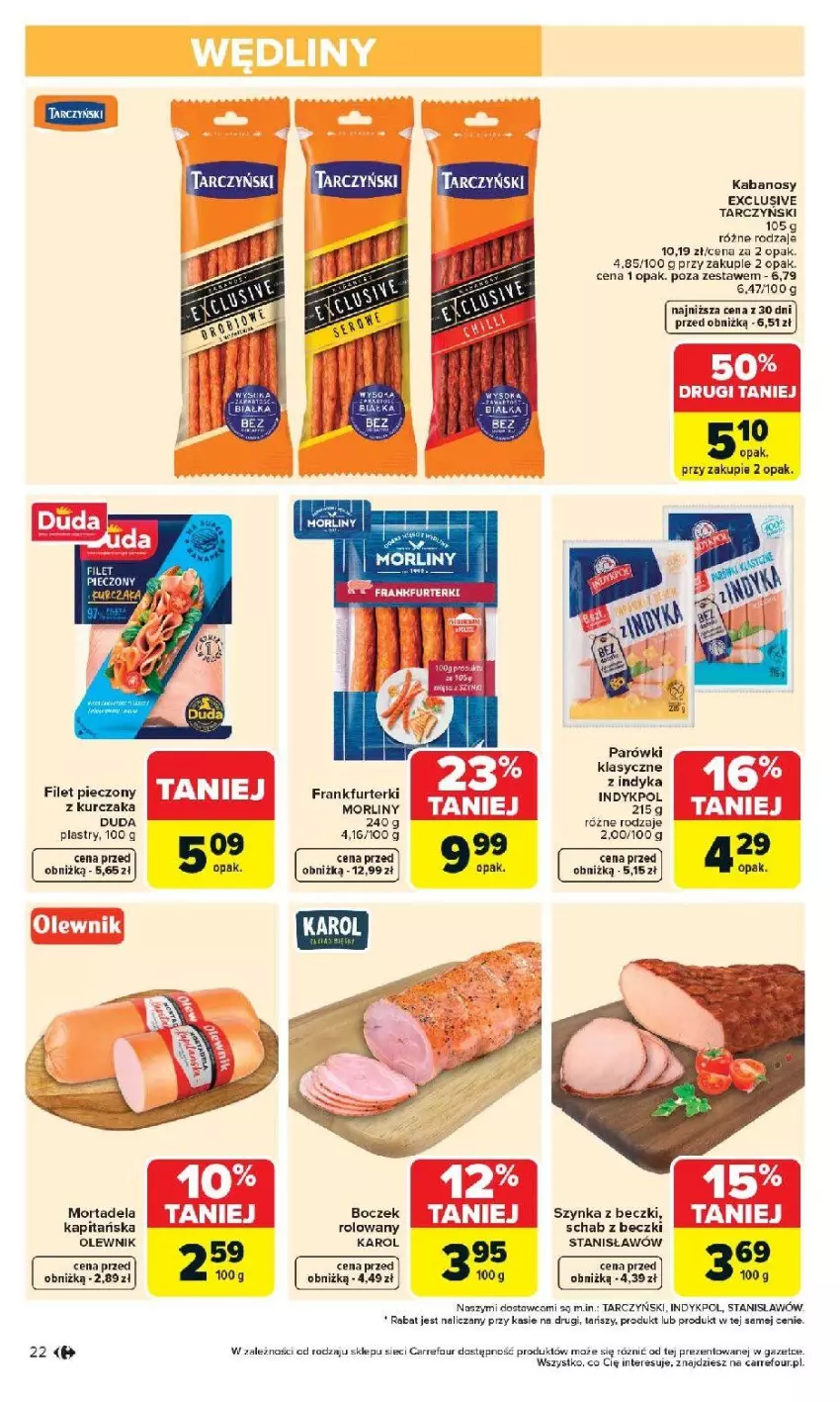 Gazetka promocyjna Carrefour - Gazetka Carrefour, Market od poniedziałku! - ważna 20.04 do 26.04.2026 - strona 24 - produkty: Boczek, Duda, Fa, Frankfurterki, Kabanos, Kurczak, Morliny, Olewnik, Parówki, Piec, Szynka, Szynka z beczki, Tarczyński