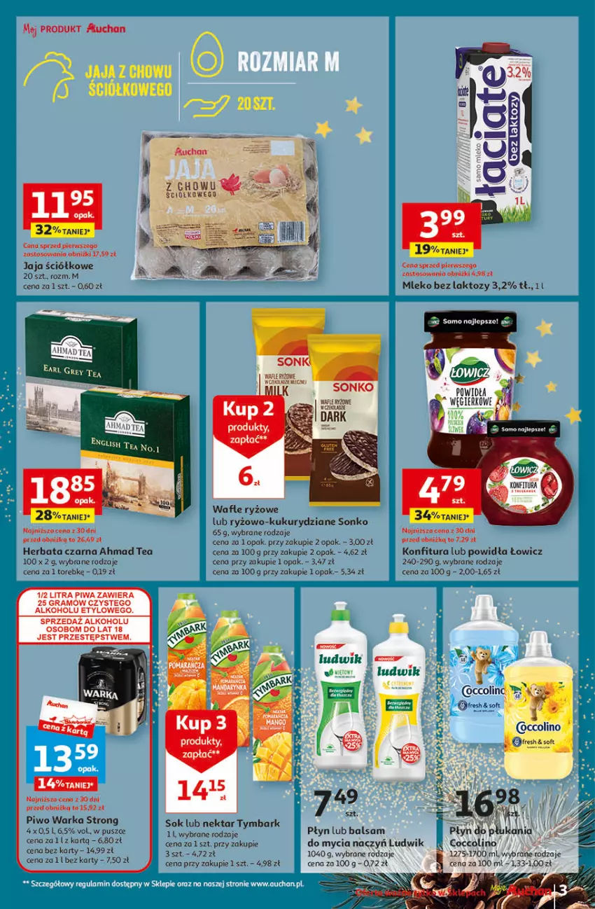 Gazetka promocyjna Auchan - Gazetka Magia Świąt Część 4 Moje Auchan - ważna 07.12 do 13.12.2023 - strona 3 - produkty: Coccolino, Do mycia naczyń, Gra, Herbata, Herbata czarna, Jaja, Konfitura, Ludwik, Mleko, Mleko bez laktozy, Nektar, Piwa, Piwo, Płyn do płukania, Ryż, Sok, Sonko, Tymbark, Wafle, Warka