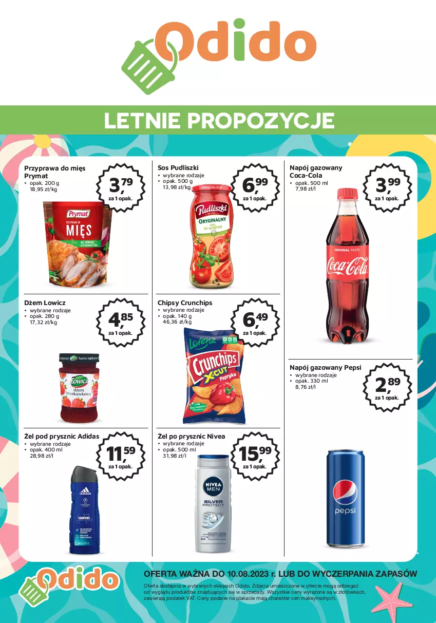 Gazetka promocyjna Odido - Letnie propozycje - ważna 28.07 do 10.08.2023 - strona 1 - produkty: Adidas, Chipsy, Coca-Cola, Crunchips, Dżem, Napój, Napój gazowany, Nivea, Pepsi, Prymat, Pudliszki, Sos