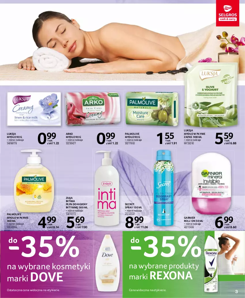 Gazetka promocyjna Selgros - Katalog Uroda - ważna 30.09 do 13.10.2021 - strona 3 - produkty: Dove, Garnier, Luksja, Mydło, Mydło w płynie, Palmolive, Płyn do higieny intymnej, Rexona, Ziaja