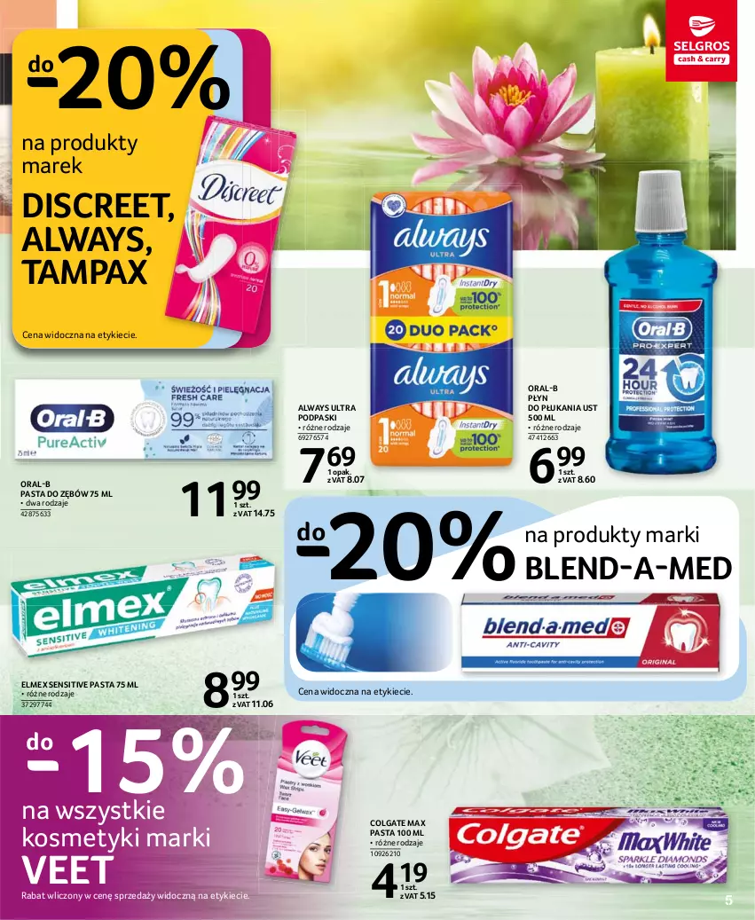 Gazetka promocyjna Selgros - Katalog Uroda - ważna 30.09 do 13.10.2021 - strona 5 - produkty: Always, Always Ultra, Blend-a-Med, Colgate, Discreet, Elmex, LG, Pasta do zębów, Pax, Płyn do płukania, Podpaski, Tampax, Veet