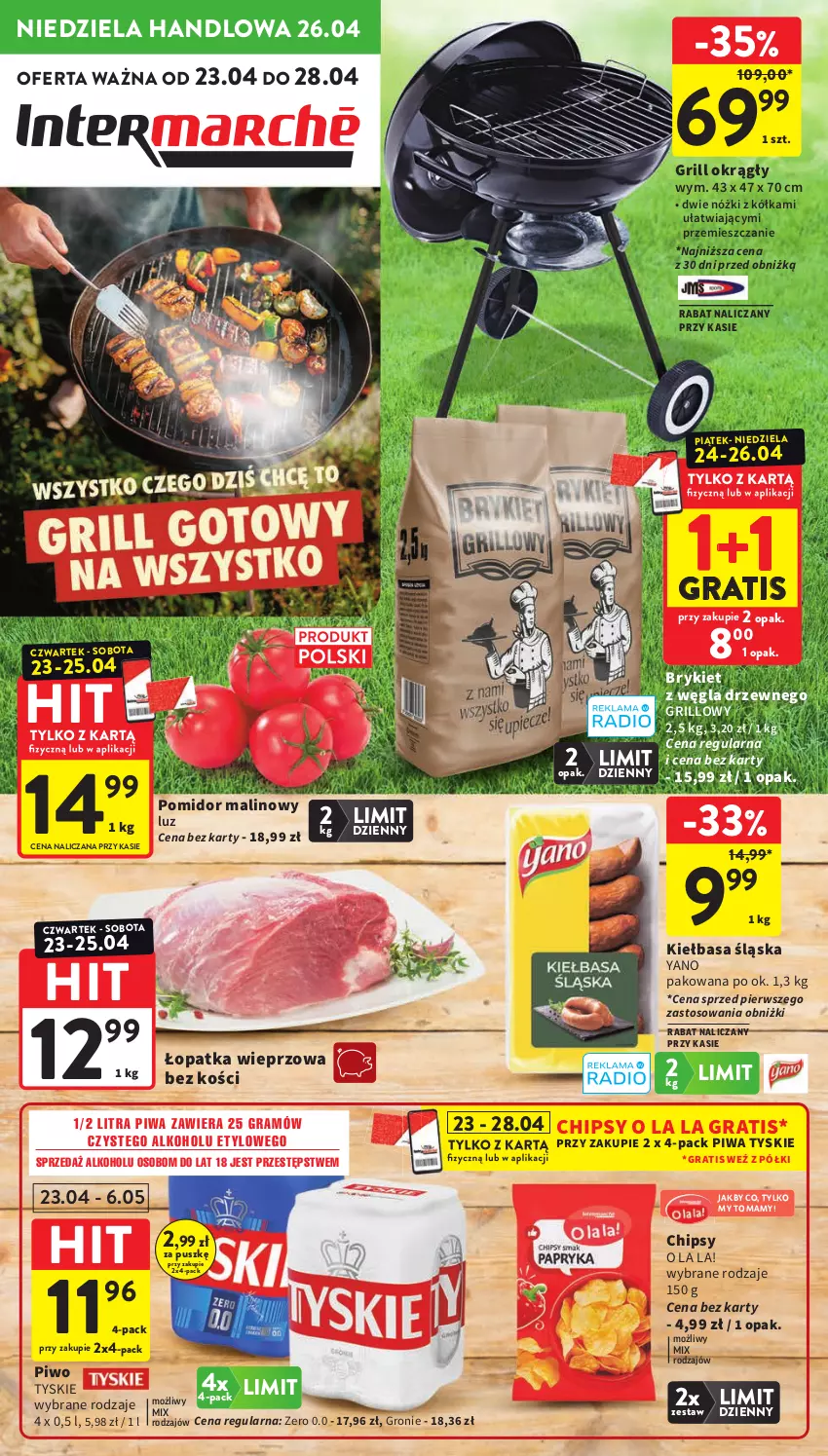 Gazetka promocyjna Intermarche - Gazetka promocyjna - ważna 23.04 do 28.04.2026 - strona 1 - produkty: Chipsy, Gra, Grill, Kiełbasa, Kiełbasa śląska, Piwa, Piwo, Pomidor malinowy, Tyskie