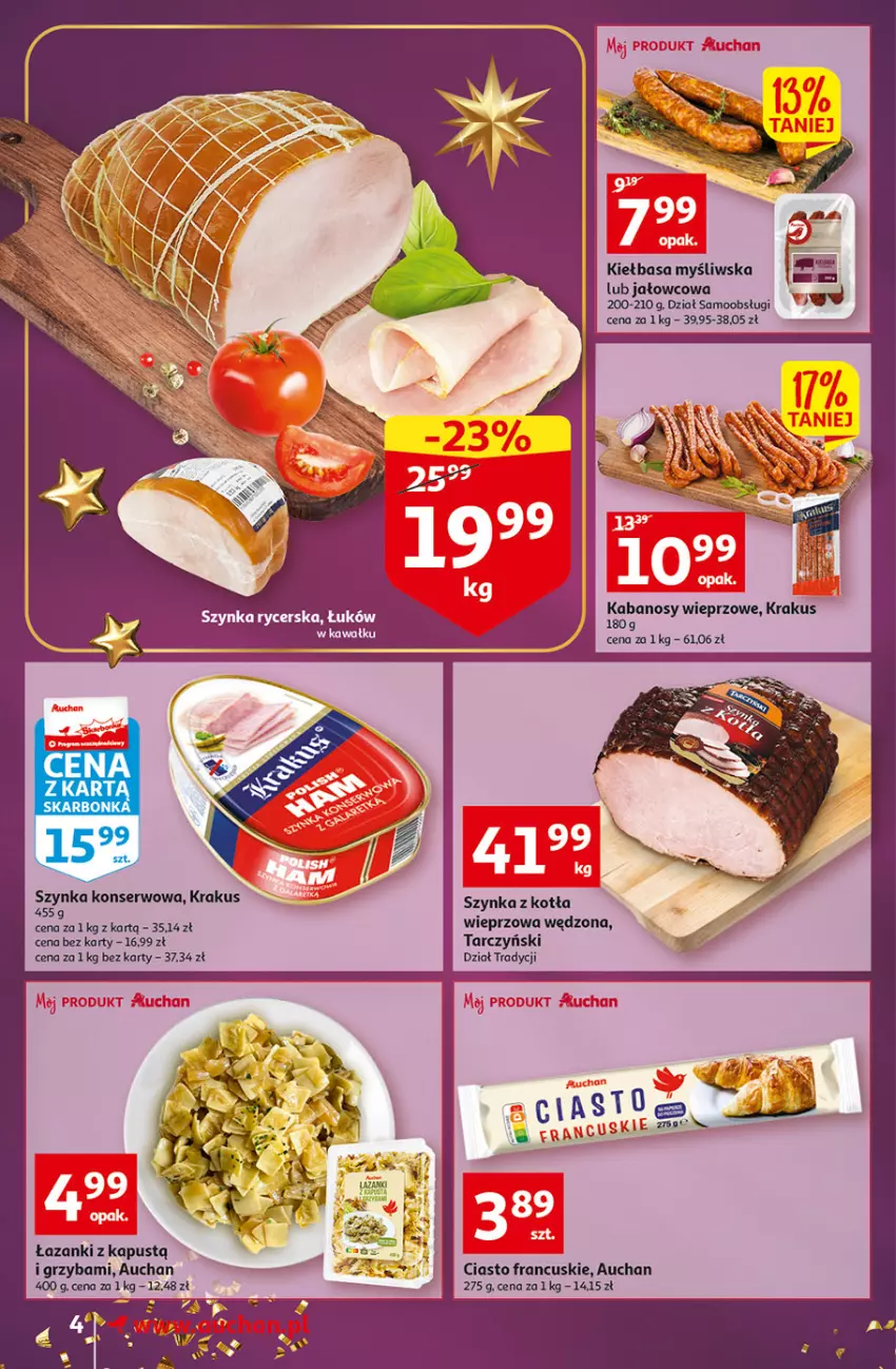 Gazetka promocyjna Auchan - Gazetka Magia Wigilijnego Stołu Auchan Supermarket - ważna 15.12 do 24.12.2022 - strona 4 - produkty: Ciasto francuskie, Kabanos, Kapustą, Kiełbasa, Krakus, Ser, Szynka, Szynka konserwowa, Tarczyński