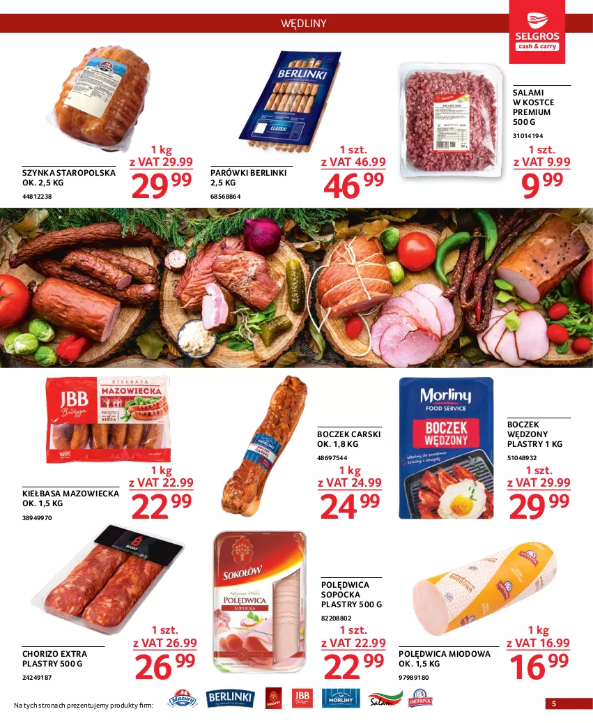 Gazetka promocyjna Selgros - Oferta dla gastronomii - ważna 15.02 do 01.03.2023 - strona 5 - produkty: Berlinki, Boczek, Cars, Kiełbasa, Parówki, Polędwica, Salami, Szynka