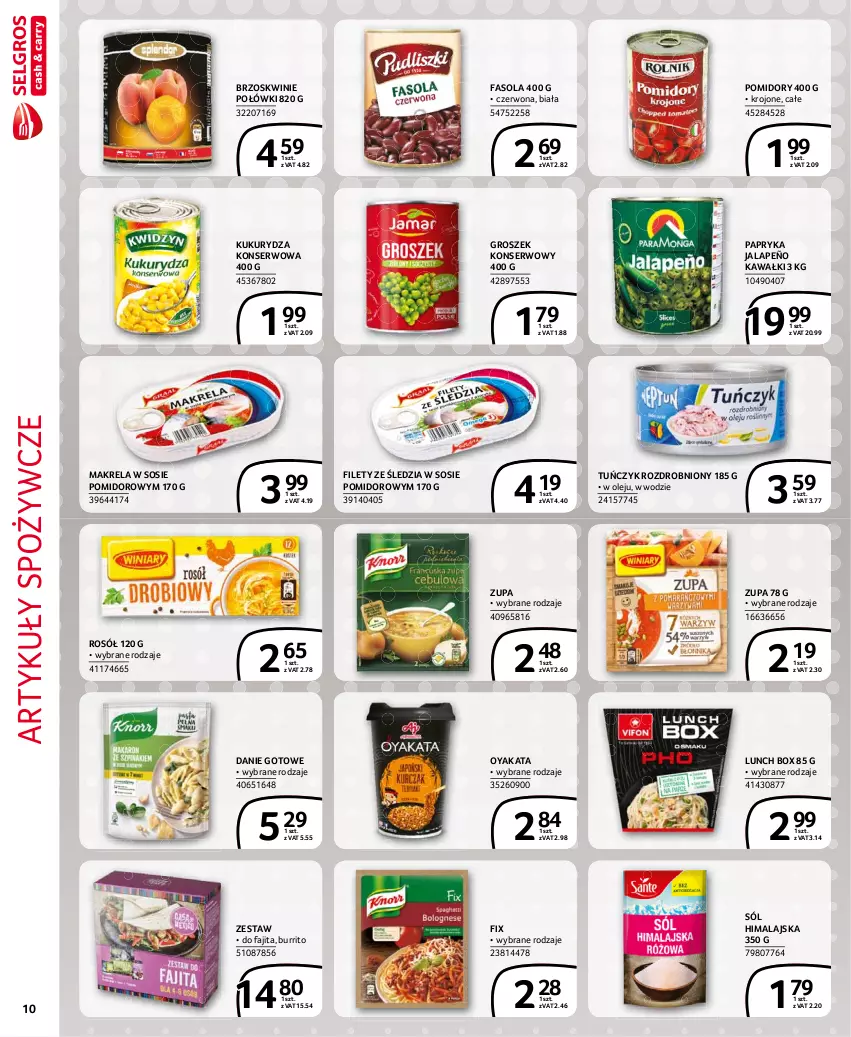 Gazetka promocyjna Selgros - Extra Oferta - ważna 01.06 do 30.06.2021 - strona 10 - produkty: Artykuły spożywcze, Brzoskwinie, Danie gotowe, Fa, Fasola, Groszek, Kawa, Kukurydza, Kukurydza konserwowa, Lunch box, Olej, Papryka, Papryka jalapeño, Pomidory, Rosół, Ser, Sól, Sól himalajska, Sos, Tuńczyk, Zupa