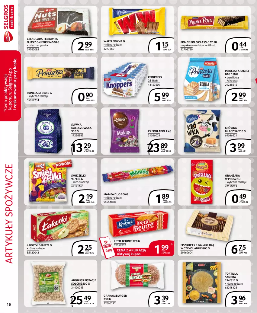 Gazetka promocyjna Selgros - Extra Oferta - ważna 01.06 do 30.06.2021 - strona 16 - produkty: Artykuły spożywcze, Biszkopty, Burger, Czekolada, Fa, Gala, Gra, Kakao, Knoppers, LG, Mamba, Oranżada, Pistacje, Prince Polo, Princessa, Tortilla