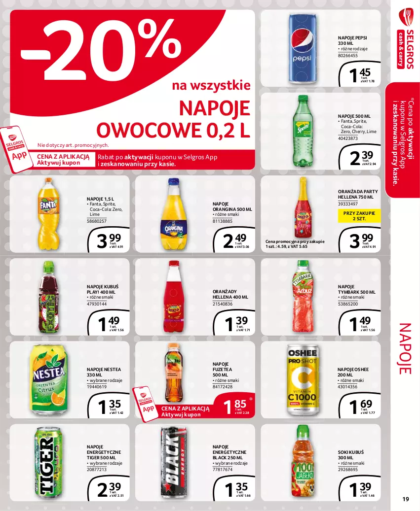 Gazetka promocyjna Selgros - Extra Oferta - ważna 01.06 do 30.06.2021 - strona 19 - produkty: Coca-Cola, Fa, Fanta, Gin, Hellena, Kubuś, Lack, LG, Napoje, Nestea, Oranżada, Oshee, Pepsi, Sok, Sprite, Tiger, Tymbark