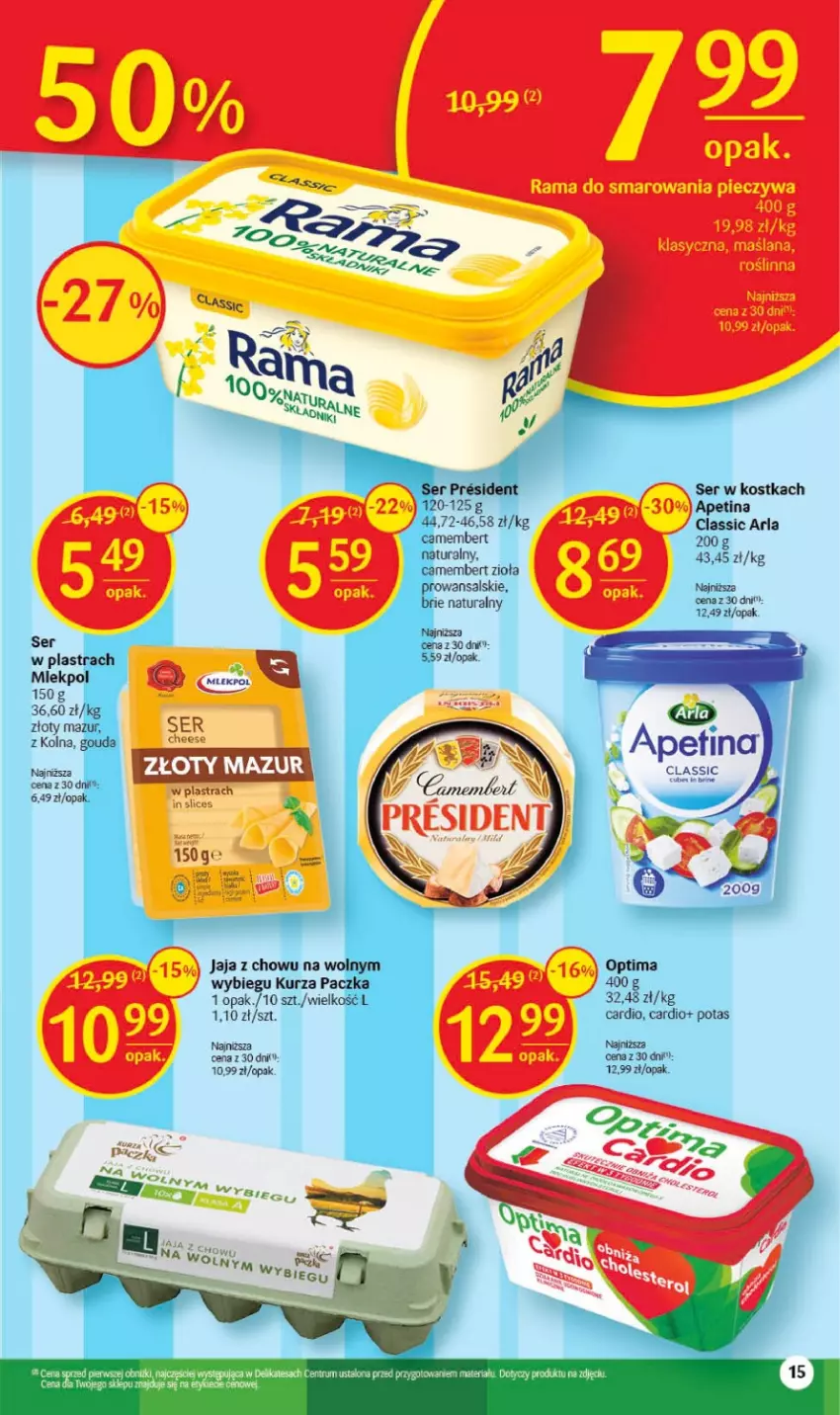 Gazetka promocyjna Delikatesy Centrum - Gazetka DC18 - ważna 11.05 do 17.05.2023 - strona 15 - produkty: Brie, Camembert, Gouda, Jaja, LANA, Optima, Piec, Rama, Ser, Złoty Mazur