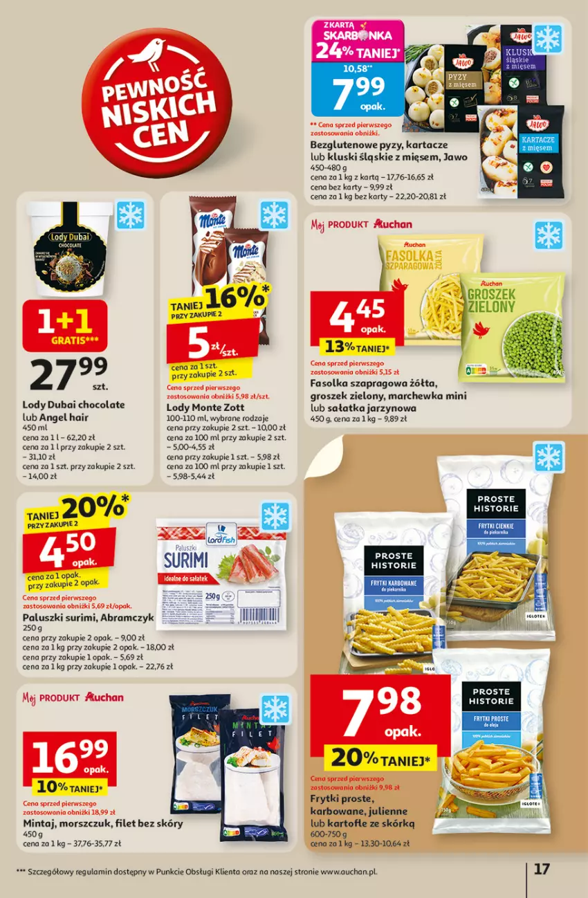 Gazetka promocyjna Auchan - Odlotowe ceny na start szkoły Hipermarket - ważna 04.09 do 10.09.2025 - strona 17 - produkty: Fa, Frytki, Gra, Groszek, Lody, Marchewka, Mintaj, Monte, Sałat, Sałatka, Surimi, Zott