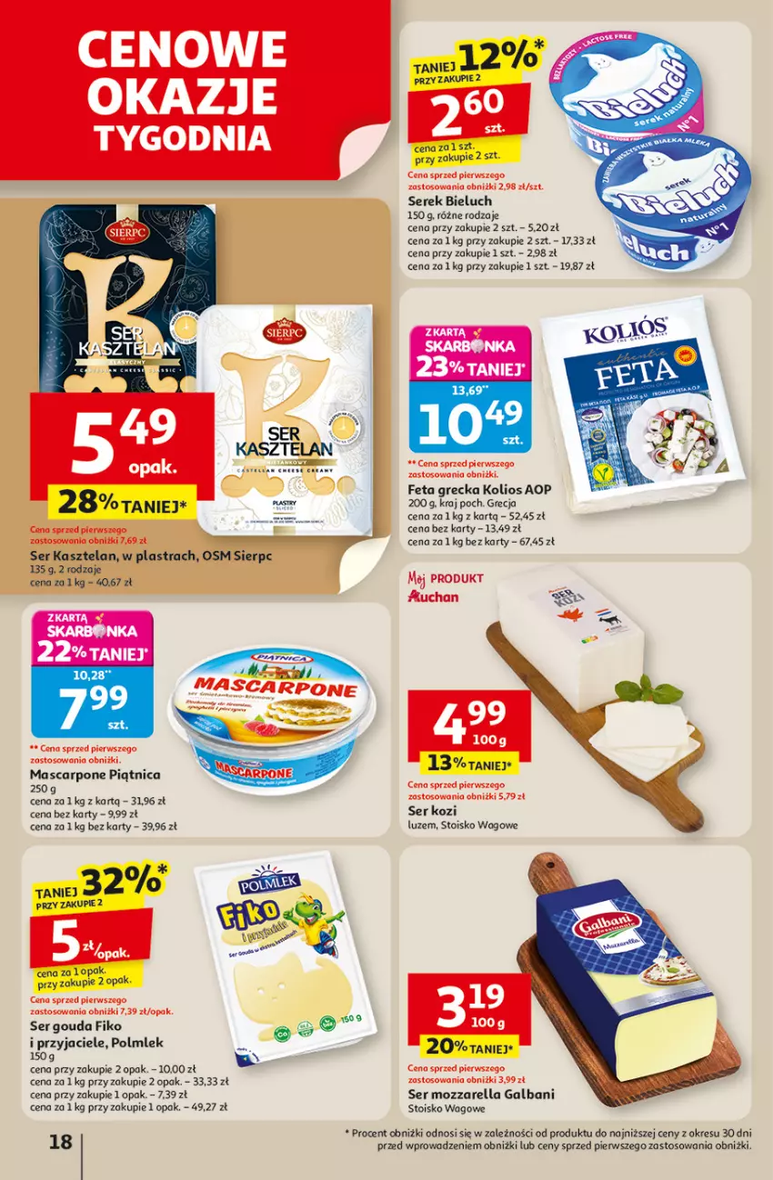 Gazetka promocyjna Auchan - Odlotowe ceny na start szkoły Hipermarket - ważna 04.09 do 10.09.2025 - strona 18 - produkty: Bieluch, Feta, Galbani, Gouda, Kasztelan, Mascarpone, Mozzarella, Piątnica, POLMLEK, Ser, Ser Kasztelan, Ser kozi, Serek
