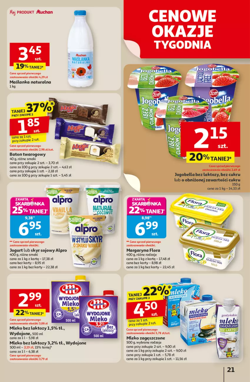 Gazetka promocyjna Auchan - Odlotowe ceny na start szkoły Hipermarket - ważna 04.09 do 10.09.2025 - strona 21 - produkty: Alpro, Baton, Bell, Bella, Flora, Jogobella, Jogurt, Margaryna, Maślanka, Mleko, Mleko bez laktozy, Mleko zagęszczone