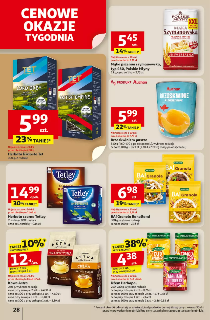 Gazetka promocyjna Auchan - Odlotowe ceny na start szkoły Hipermarket - ważna 04.09 do 10.09.2025 - strona 28 - produkty: Ba!, Bakalland, Brzoskwinie, Dżem, Gra, Granola, Herbapol, Herbata, Herbata czarna, Kawa, Mąka, Mąka pszenna, Polskie Młyny, Tetley