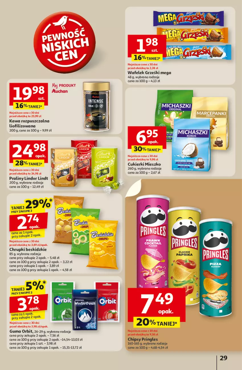Gazetka promocyjna Auchan - Odlotowe ceny na start szkoły Hipermarket - ważna 04.09 do 10.09.2025 - strona 29 - produkty: Beskidzki, Chipsy, Chrupki, Cukier, Cukierki, Gin, Grześki, Kawa, Kawa rozpuszczalna, Kokos, Lindor, Lindt, Orbit, Praliny, Pringles, Wafelek