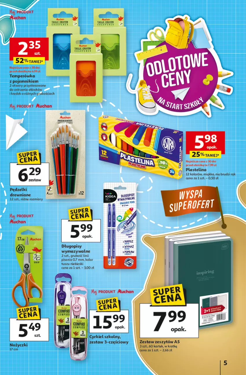 Gazetka promocyjna Auchan - Odlotowe ceny na start szkoły Hipermarket - ważna 04.09 do 10.09.2025 - strona 5 - produkty: Długopis, Fa, Karp, Noż, Nożyczki, Plastelina, Pojemnik, Tusz