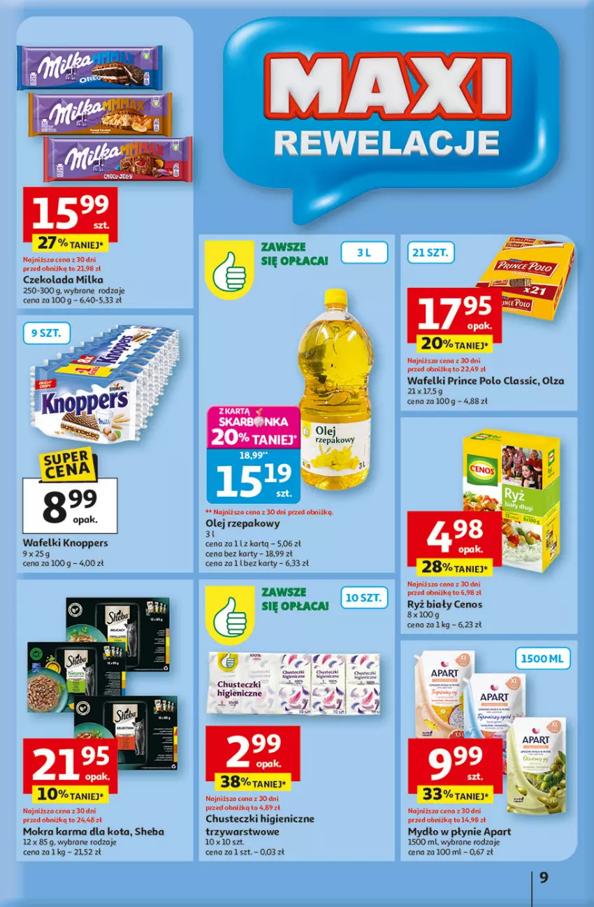 Gazetka promocyjna Auchan - Odlotowe ceny na start szkoły Hipermarket - ważna 04.09 do 10.09.2025 - strona 9 - produkty: Cenos, Chusteczki, Czekolada, Knoppers, Milka, Mokra karma, Mydło, Mydło w płynie, Olej, Olej rzepakowy, Prince Polo, Ryż, Ryż biały, Sheba