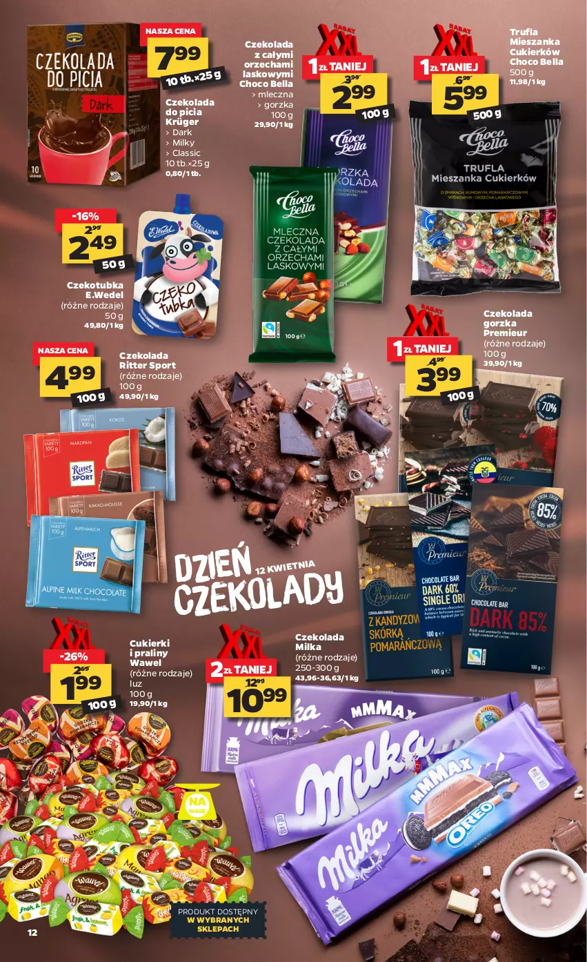 Gazetka promocyjna Netto - ważna 12.04 do 17.04.2021 - strona 12 - produkty: Bell, Bella, Cukier, Cukierki, Czekolada, Czekolada gorzka, Milka, Por, Praliny, Ritter Sport, Sport, Wawel