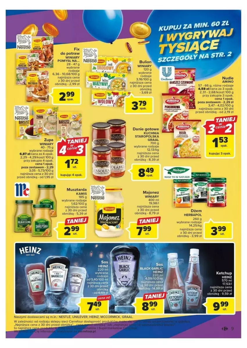 Gazetka promocyjna Carrefour - ważna 24.10 do 04.11.2023 - strona 43 - produkty: Amol, Bulion, Danie gotowe, Gra, Graal, Heinz, Herbapol, Kamis, Ketchup, Kosz, Kuchnia, Lion, Majonez, Mus, Musztarda, Por, Rosół, Sos, Winiary