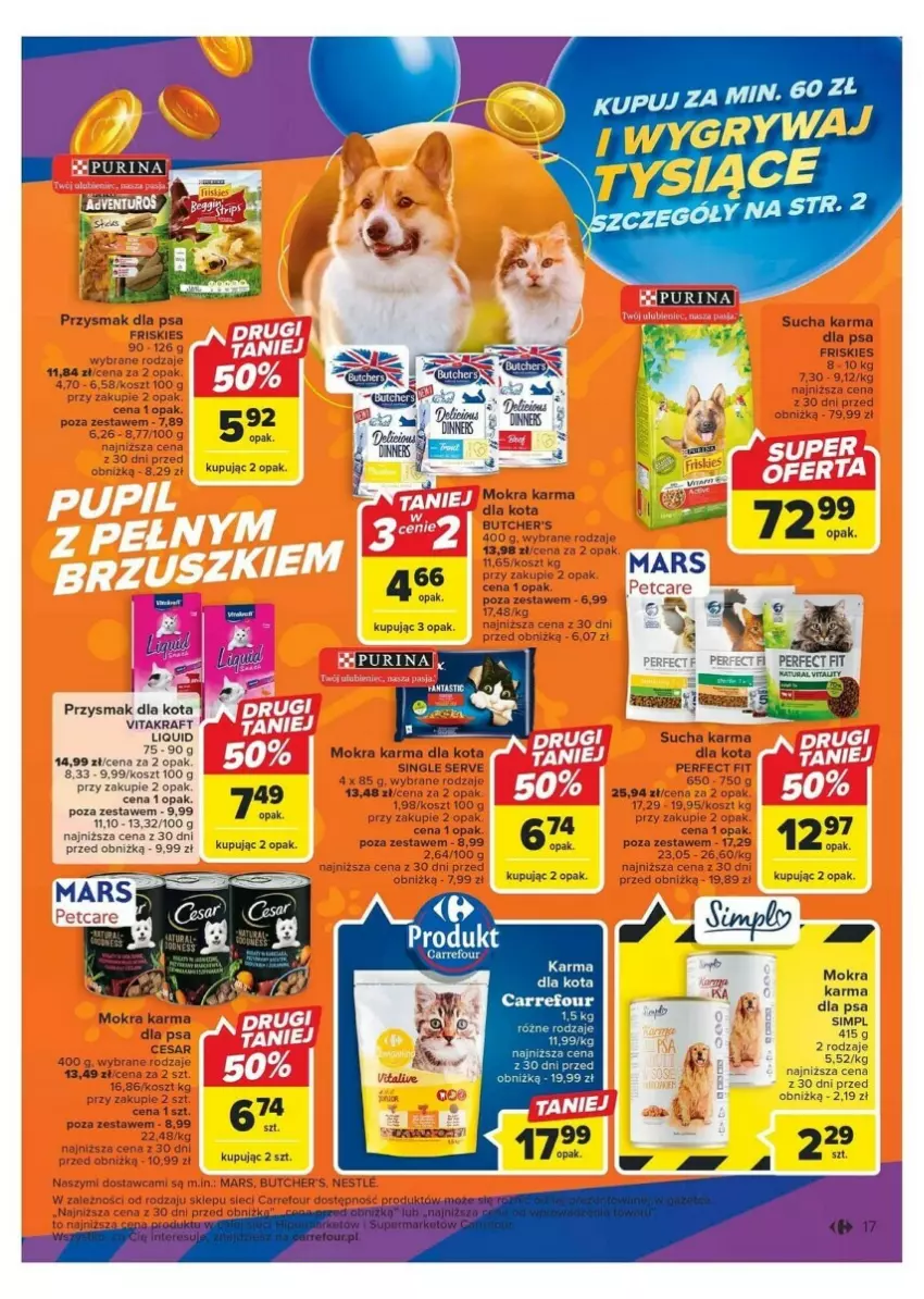 Gazetka promocyjna Carrefour - ważna 24.10 do 04.11.2023 - strona 9 - produkty: Butcher's, Fa, Friskies, Kosz, Mars, Mokra karma, Przysmak dla kota, Przysmak dla psa, Pur, Purina, Ser, Sucha karma, Vitakraft