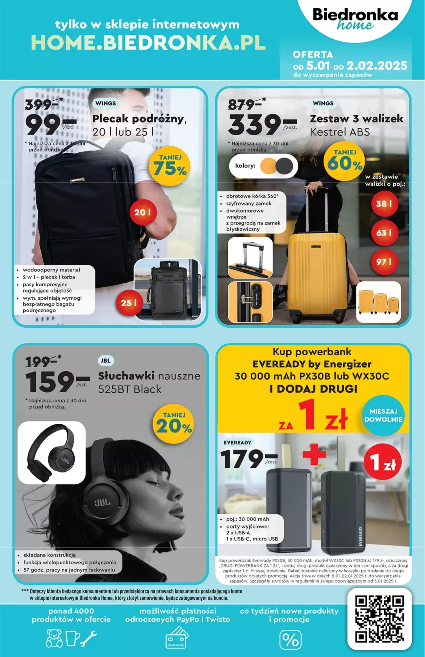 Gazetka promocyjna Biedronka - Okazje - ważna 07.01 do 18.01.2025 - strona 41 - produkty: Energizer, JBL, Lack, O Bag, Plecak, Por, Powerbank, Słuchawki, Torba