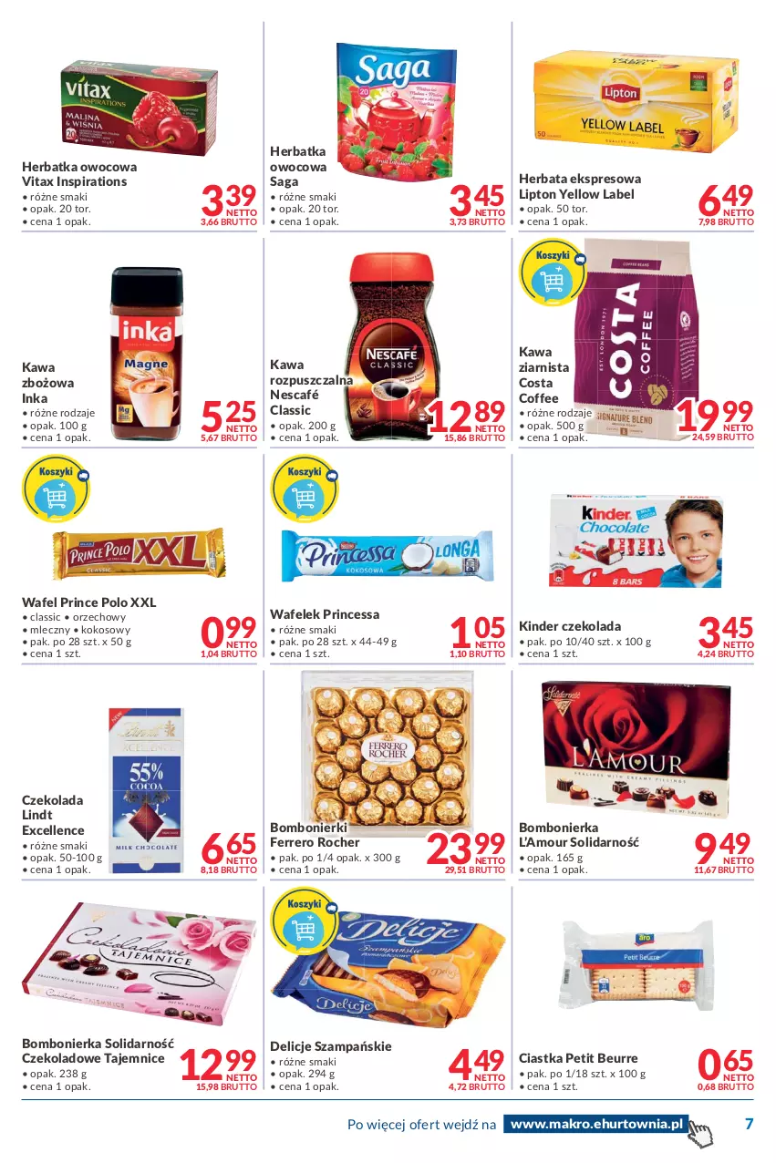 Gazetka promocyjna Makro - [Oferta promocyjna] Dostawy - ważna 07.01 do 24.01.2022 - strona 7 - produkty: Ciastka, Czekolada, Delicje, Ferrero, Ferrero Rocher, Herbata, Inka, Kawa, Kawa rozpuszczalna, Kawa zbożowa, Kawa ziarnista, Kinder, Kokos, Lindt, Lipton, Nescafé, Prince Polo, Princessa, Saga, Vitax, Wafelek