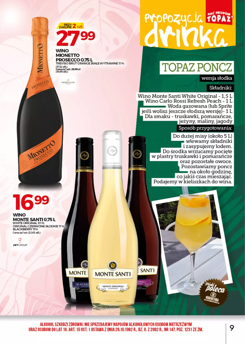 Gazetka promocyjna Topaz - Gazetka - ważna 01.07 do 31.07.2021 - strona 9 - produkty: Carlo Rossi, Gin, Jagody, Jeżyny, Lack, Maliny, Mionetto, Monte, Monte Santi, Owoce, Pomarańcze, Prosecco, Sprite, Top, Truskawki, Wino, Woda, Woda gazowana