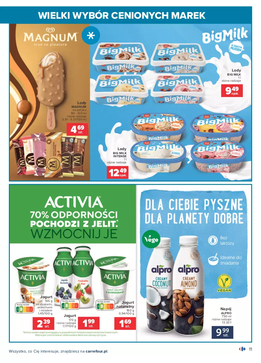 Gazetka promocyjna Carrefour - Gazetka Wielki wybór cenionych marek - ważna 19.07 do 31.07.2021 - strona 11 - produkty: Alpro, Big Milk, Jogurt, Jogurt naturalny, Lody, Napój