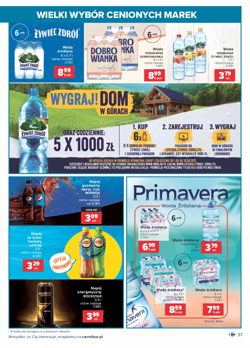 Gazetka promocyjna Carrefour - Gazetka Wielki wybór cenionych marek - ważna 19.07 do 31.07.2021 - strona 37 - produkty: 7up, Dobrowianka, LANA, Lipton, Mirinda, Napój, Napój energetyczny, Napój gazowany, Pepsi, Woda, Woda mineralna