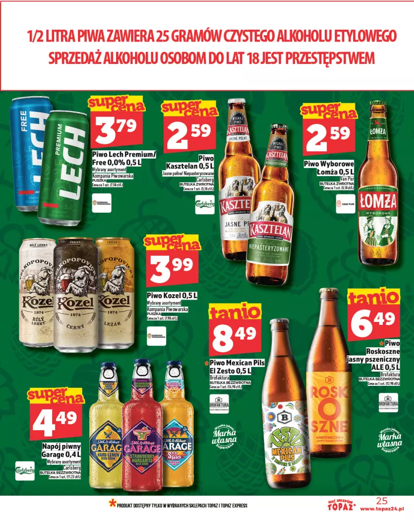 Gazetka promocyjna Topaz - Gazetka - ważna 20.03 do 26.03.2025 - strona 25 - produkty: Carlsberg, Gra, Kasztelan, Kozel, Lech Premium, Napój, Piwa, Piwo, Pur, Top