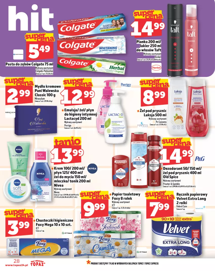 Gazetka promocyjna Topaz - Gazetka - ważna 20.03 do 26.03.2025 - strona 28 - produkty: Chusteczki, Colgate, Dezodorant, Emulsja, Foxy, Lactacyd, Lakier, LG, Luksja, Mleczko, Mydło, Nivea, Old Spice, Palmolive, Papier, Pasta do zębów, Por, Ręcznik, Rolki, Taft, Tonik, Top, Velvet