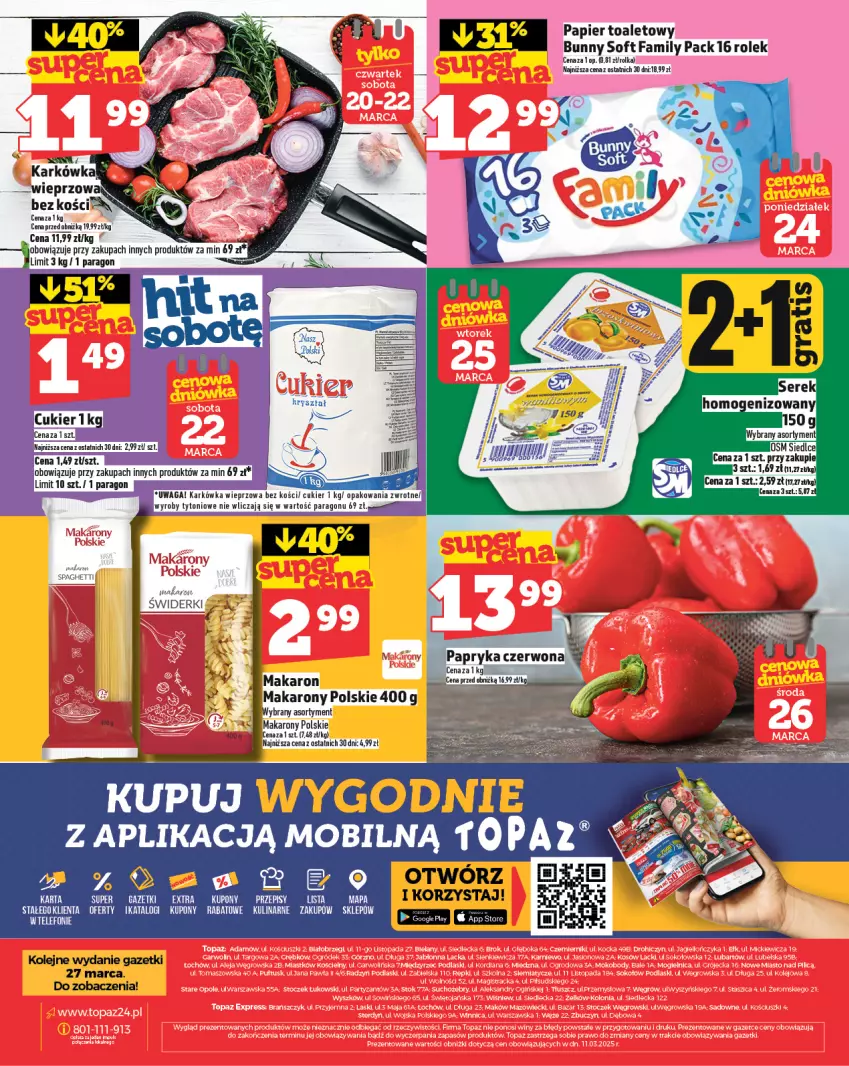 Gazetka promocyjna Topaz - Gazetka - ważna 20.03 do 26.03.2025 - strona 32 - produkty: Cukier, Fa, Karkówka wieprzowa, Makaron, Mobil, Olej, Papier, Papier toaletowy, Papryka, Papryka czerwona, Telefon, Top, Waga