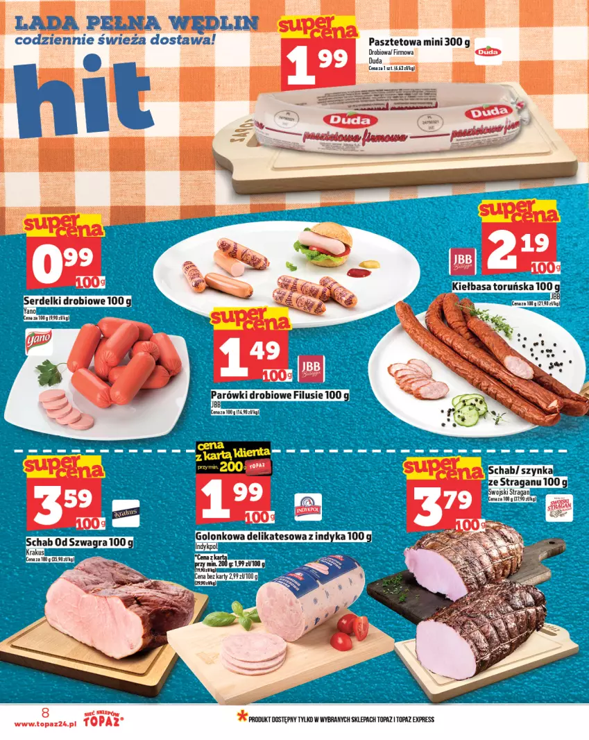 Gazetka promocyjna Topaz - Gazetka - ważna 20.03 do 26.03.2025 - strona 8 - produkty: Duda, Gra, Parówki, Pasztet, Ser, Serdelki, Szynka, Top