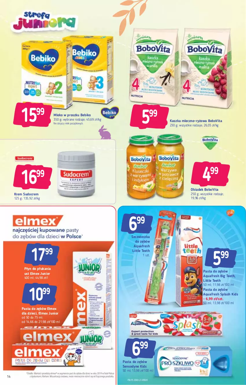 Gazetka promocyjna Stokrotka - Supermarket - ważna 11.03 do 17.03.2021 - strona 14 - produkty: Aquafresh, Bebiko, BoboVita, Dzieci, Elmex, Mleko, Mleko w proszku, Pasta do zębów, Płyn do płukania, Ryż, Sensodyne, Szczoteczka, Szczoteczka do zębów